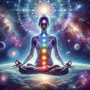 Meditating Female Floating in Universe for Distance Healing, with Radiant Chakras and Cosmic Backdrop