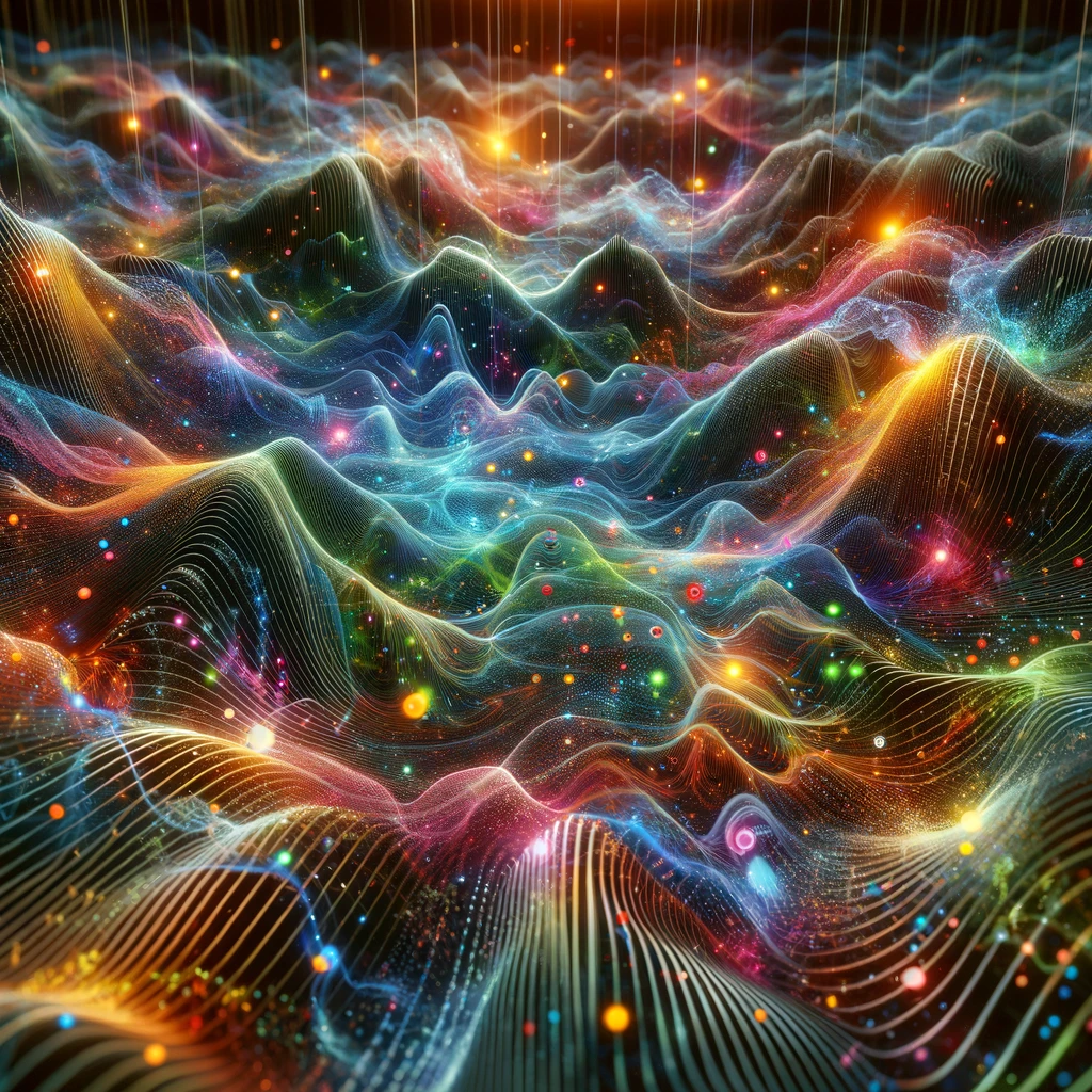 Artistic Interpretation of Quantum Field from Above, Illustrating Distance Healing through Vibrant Energy Fluctuations and Particle Interplay