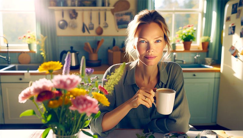 Woman in her 30s at a kitchen table, reflecting her struggle with chronic pain and stress. The scene with a hot coffee cup and fresh flowers symbolizes her search for peace and resilience in daily life.